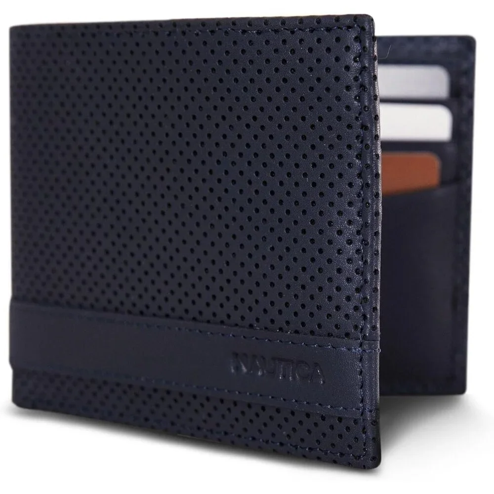 Men's Perforated-Navy Bifold Leather Wallet RFID Blocking ID Window Card Slots